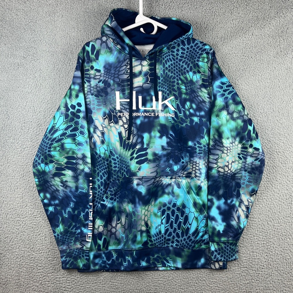 Huk Performance Fishing Hoodie Mens Medium Kryptek Pontus Camo Blue Teal Fleece